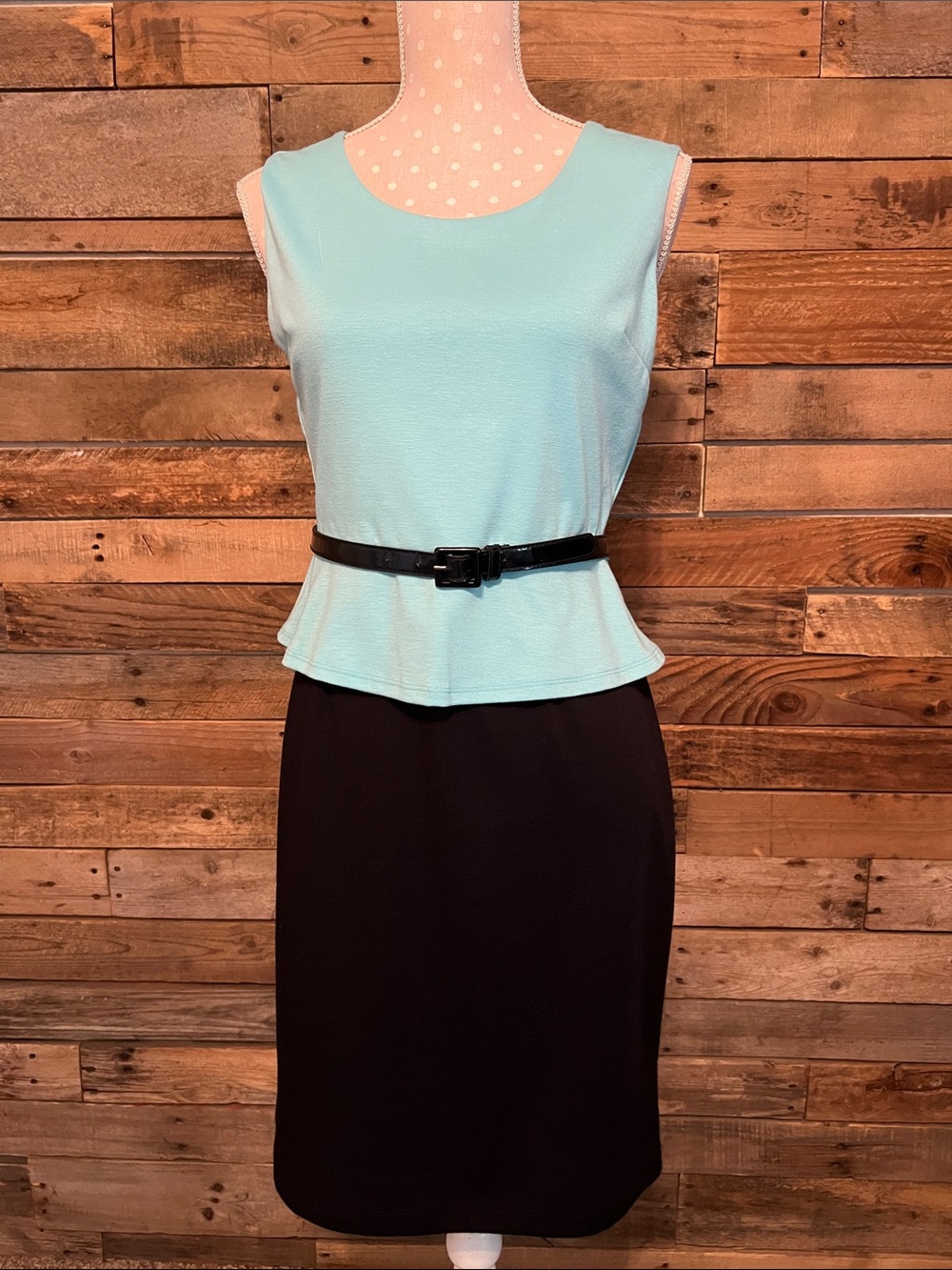 Sleeveless Peplum Midi Dress in Turquoise and Black with Matching Black Belt